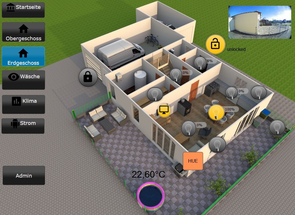 3D-Smart-Home-Visualisierung eines Wohnhauses mit Licht- und Klimasteuerung